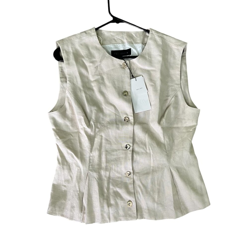 Zara Linen Dart Vest Sand Beige Size Large NWT Sleeveless Button Front Tailored - Picture 6 of 9